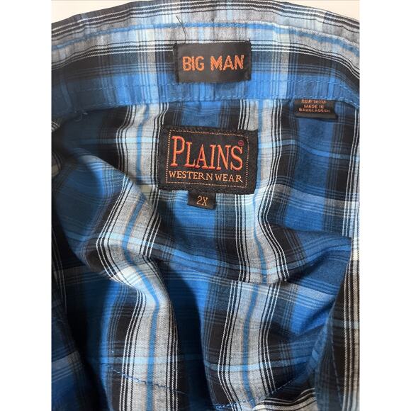 Plains Big Man Western Wear Mens 2X Blue Plaid Short Sleeve‎ Pearl Snap - Picture 3 of 6